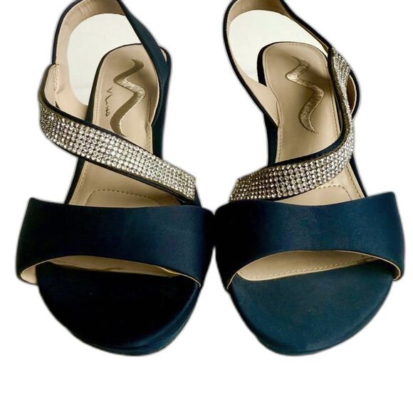 Nina Navy Blue Satin Asymmetrical Rhinestone Shoes Homecoming Sandals Heels Sz 8 - Picture 1 of 9